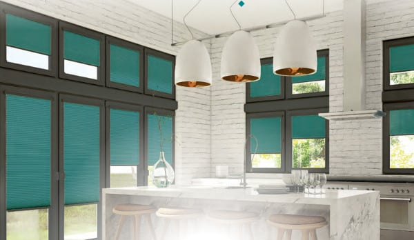 image of teal INTU blinds in kitchen