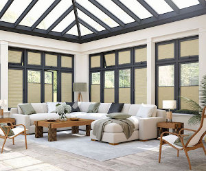 image of custom made conservatory blinds in a large conservatory 